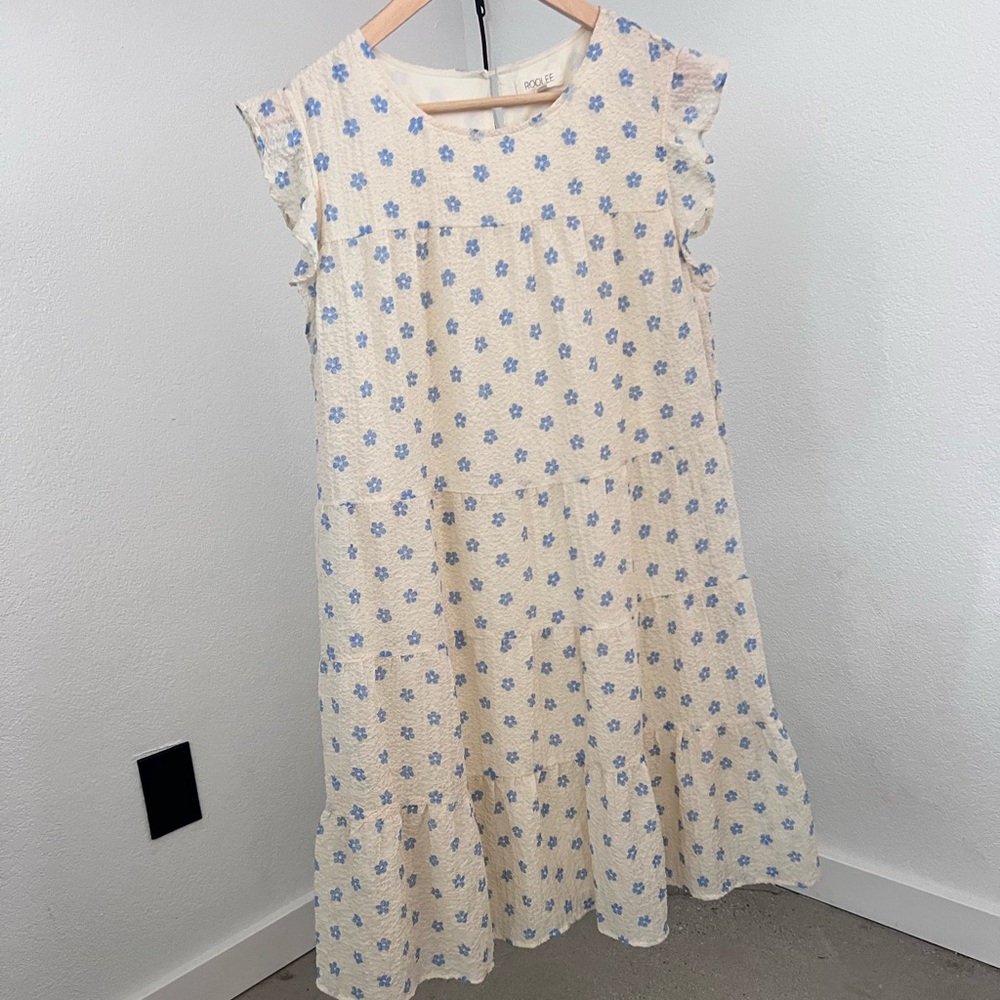 Roolee Cream Dress with Blue Floral Print